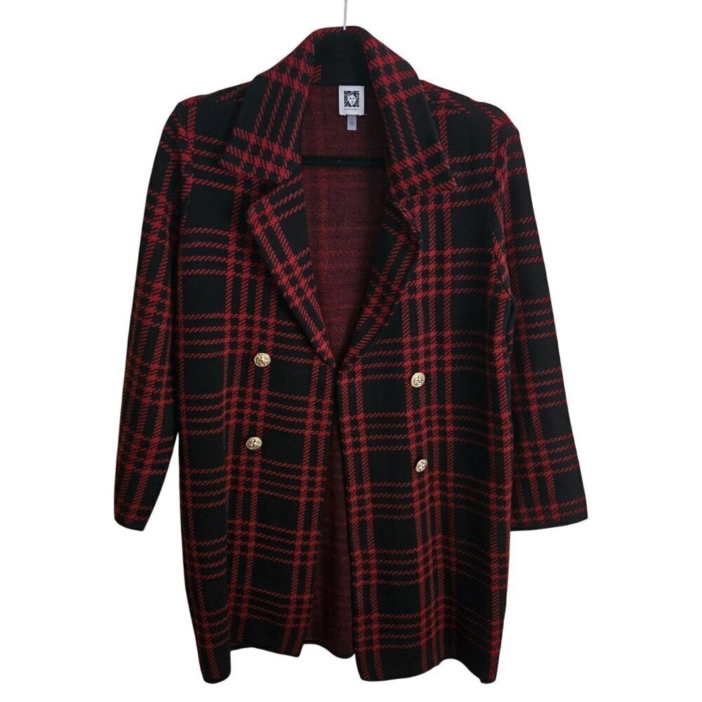 Anne Klein Red Black Plaid Open Front Sweater Blazer Size S